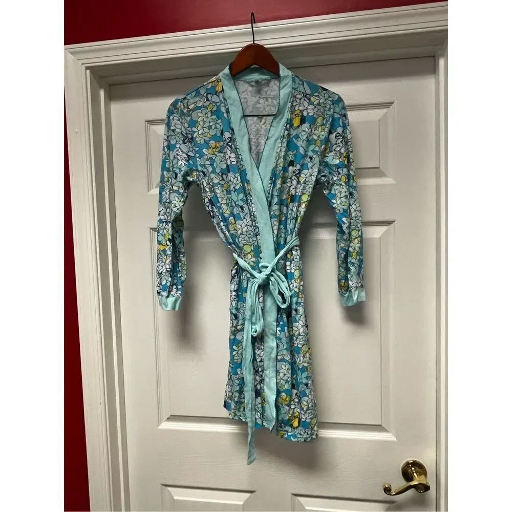Vintage VS Pink Blue & Aqua Floral Print Short Robe sz M EUC